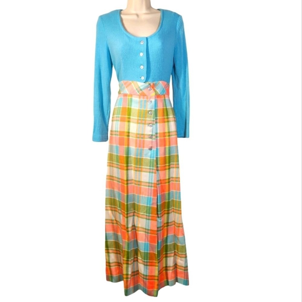 Vintage 60s 70s Knit Plaid Maxi Dress Empire Waist Mid Century Pastel Gown Mod M